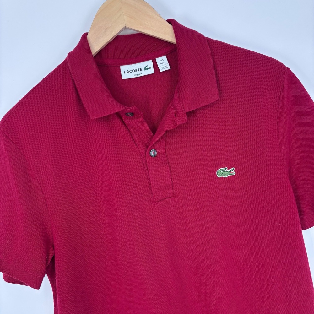 Lacoste Slim Fit Pique Cotton Polo Shirt Mens L Burgundy Short Sleeve Logo
